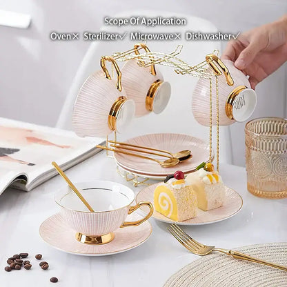 Elegant gold porcelain tea set dining room rack with bird figurine