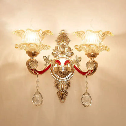 Elegant gold scrolled arm wall mount sconce bedroom crystal light