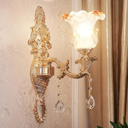 Elegant gold scrolled arm wall mount sconce bedroom crystal light