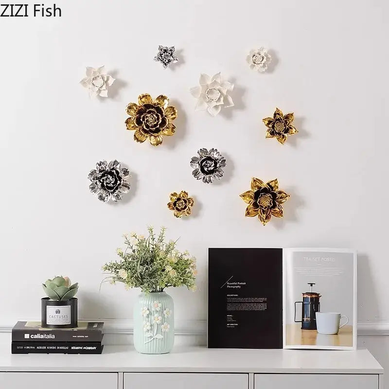 Elegant gold & silver porcelain peony wall ornaments living room decor