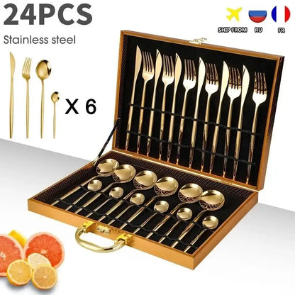 Elegant gold stainless steel cutlery set dining room gift box