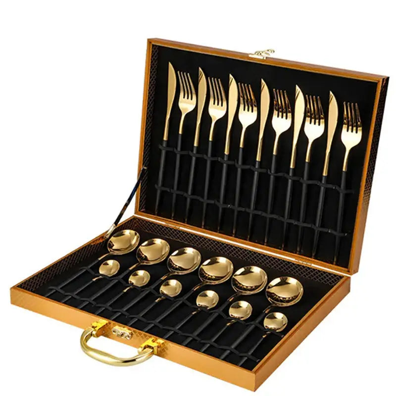 Elegant gold stainless steel cutlery set dining room gift box