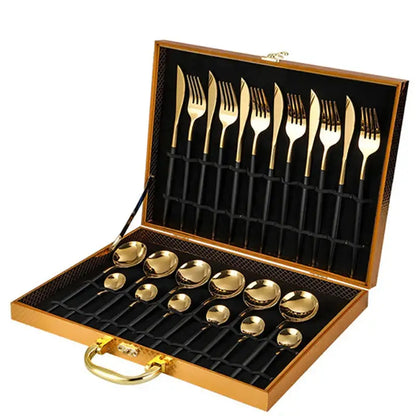 Elegant gold stainless steel cutlery set dining room gift box