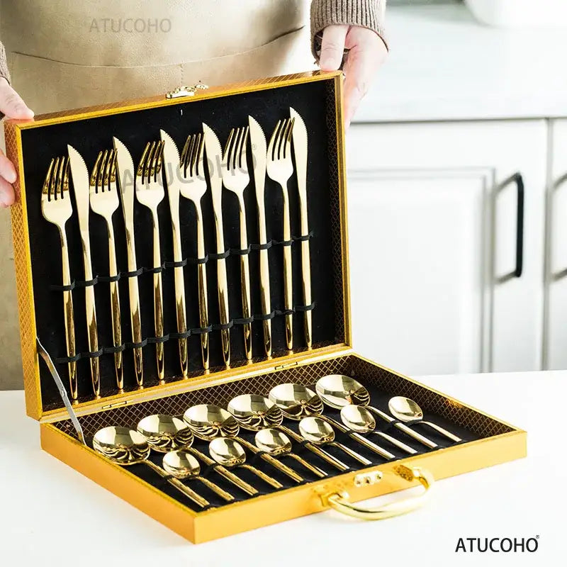 Elegant gold stainless steel cutlery set dining room gift box
