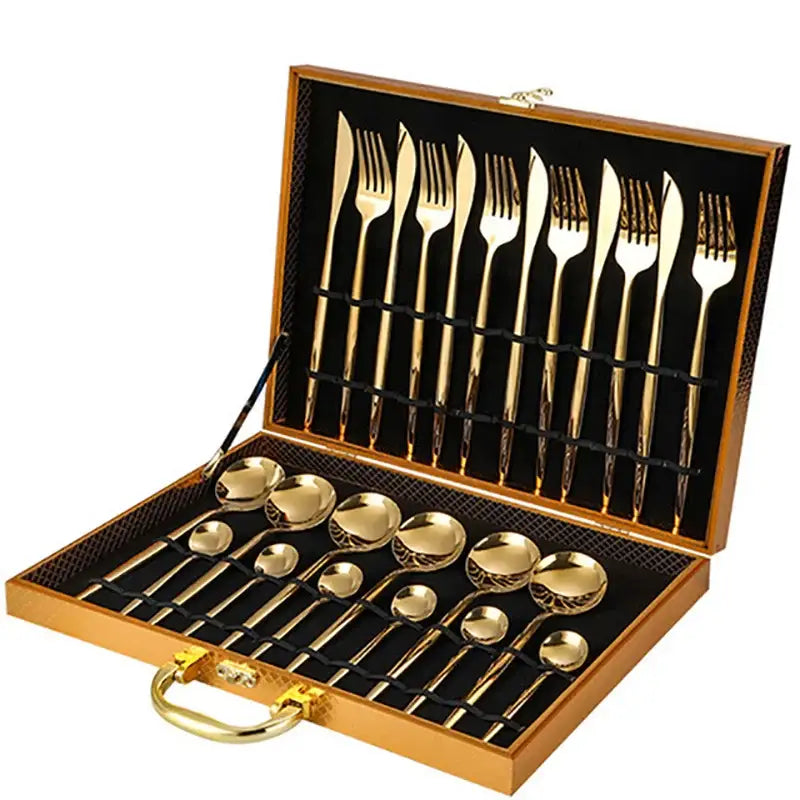 Elegant gold stainless steel cutlery set dining room gift box