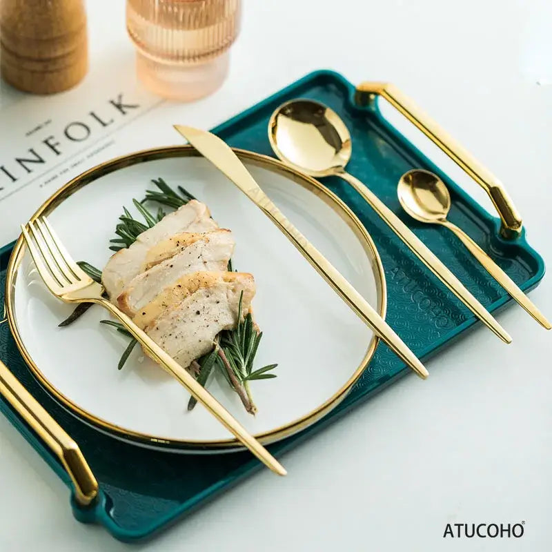 Elegant gold stainless steel cutlery set dining room gift box