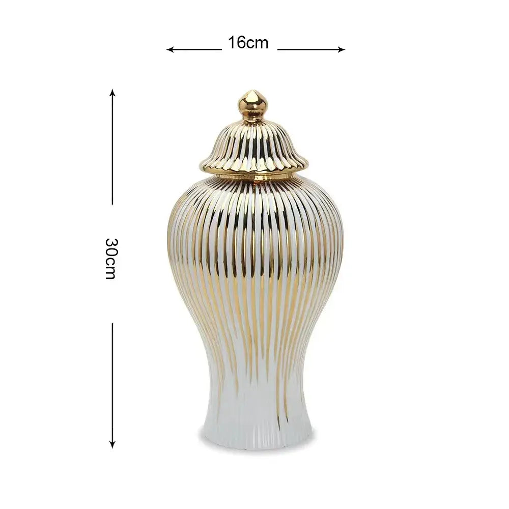 Elegant gold striped ceramic ginger jar living room storage
