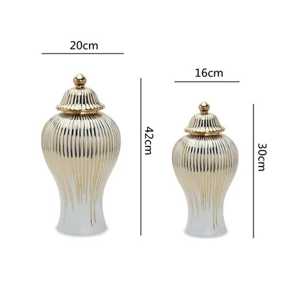 Elegant gold striped ceramic ginger jar living room storage