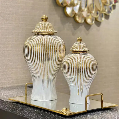 Elegant gold striped ceramic ginger jar living room storage