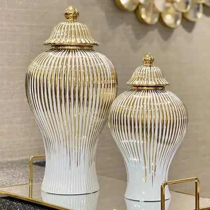 Elegant gold striped ceramic ginger jar living room storage