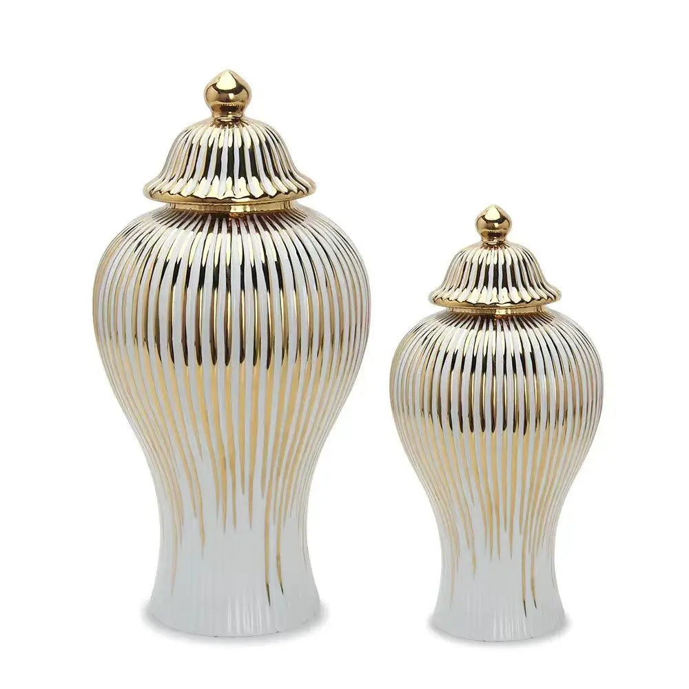 Elegant gold striped ceramic ginger jar living room storage