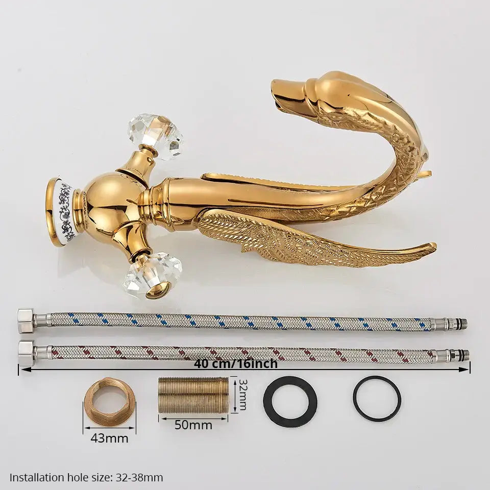 Elegant gold swan basin faucet bathroom mixer with crystal knobs