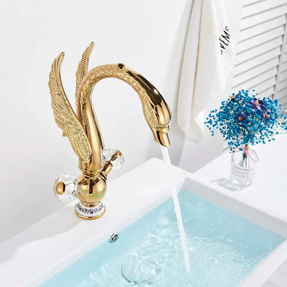 Elegant gold swan basin faucet bathroom mixer with crystal knobs