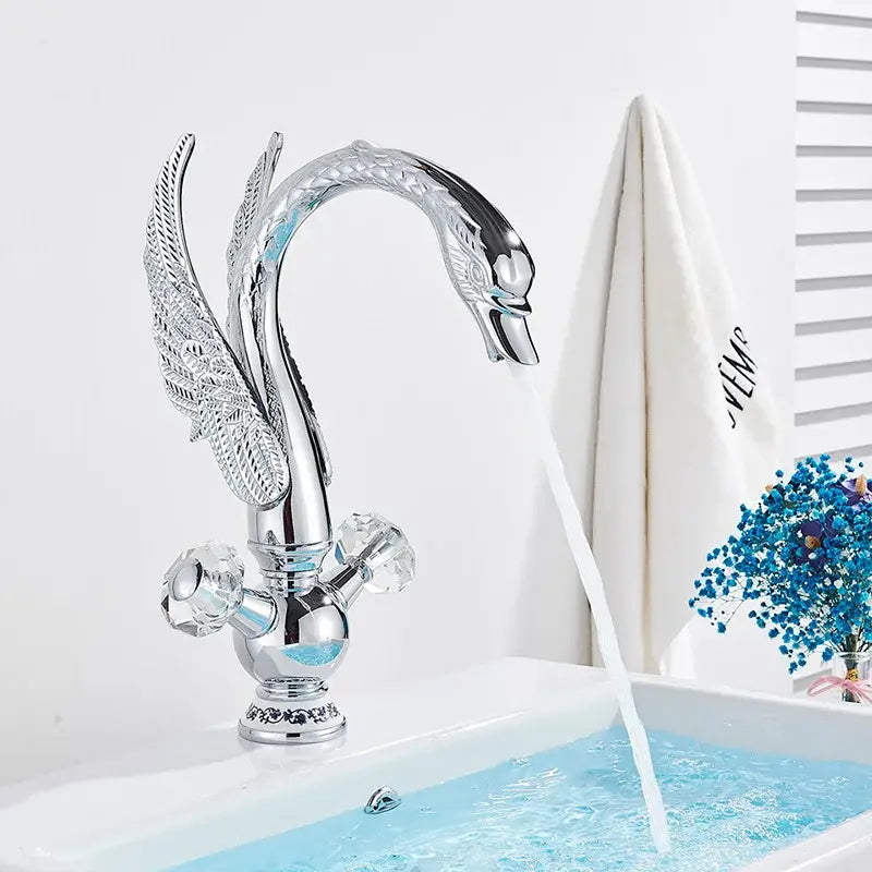 Elegant gold swan basin faucet bathroom mixer with crystal knobs