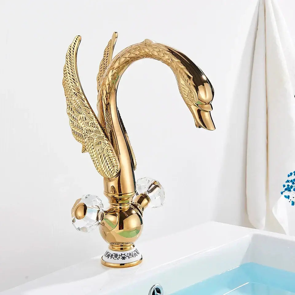 Elegant gold swan basin faucet bathroom mixer with crystal knobs