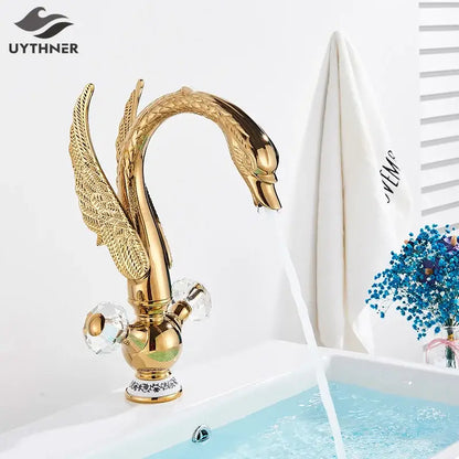 Elegant gold swan basin faucet bathroom mixer with crystal knobs