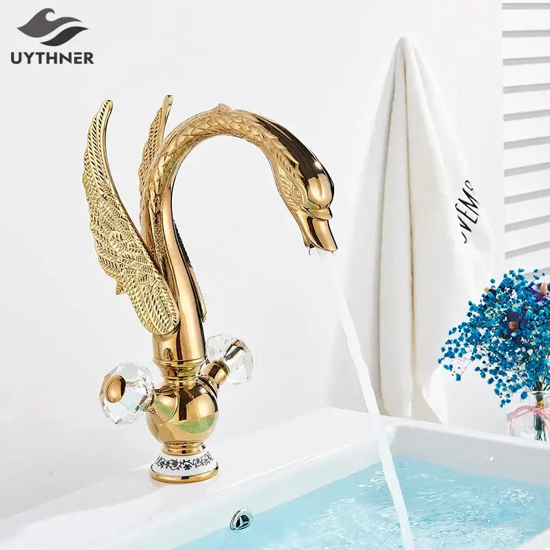 Elegant gold swan basin faucet bathroom mixer with crystal knobs