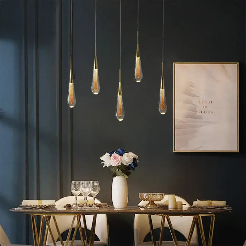 Elegant gold teardrop crystal glass led pendant lights for dining room