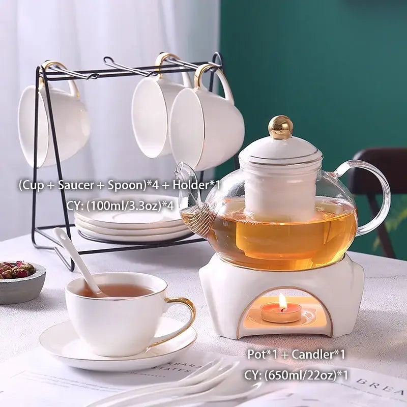 Elegant gold & white ceramic tea set with glass teapot kitchen warmer