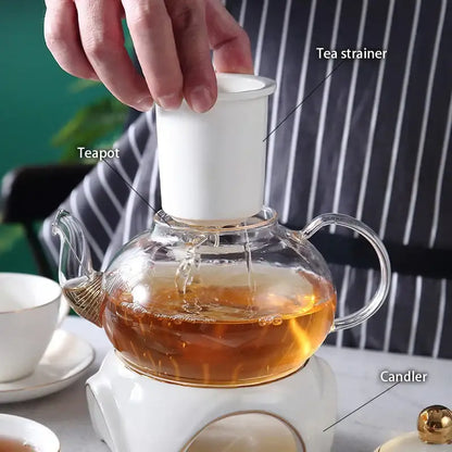 Elegant gold & white ceramic tea set with glass teapot kitchen warmer