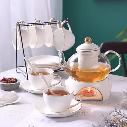 Elegant gold & white ceramic tea set with glass teapot kitchen warmer