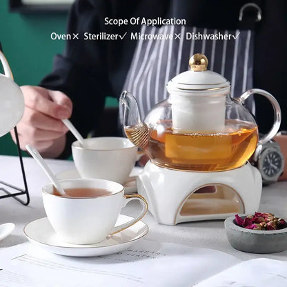 Elegant gold & white ceramic tea set with glass teapot kitchen warmer