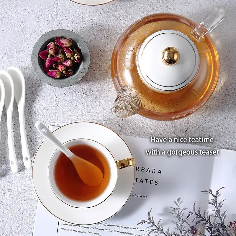Elegant gold & white ceramic tea set with glass teapot kitchen warmer