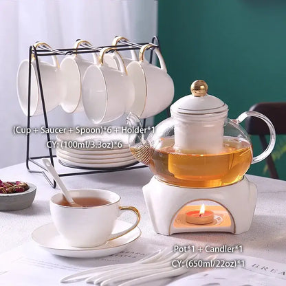 Elegant gold & white ceramic tea set with glass teapot kitchen warmer