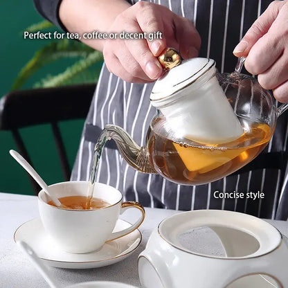 Elegant gold & white ceramic tea set with glass teapot kitchen warmer