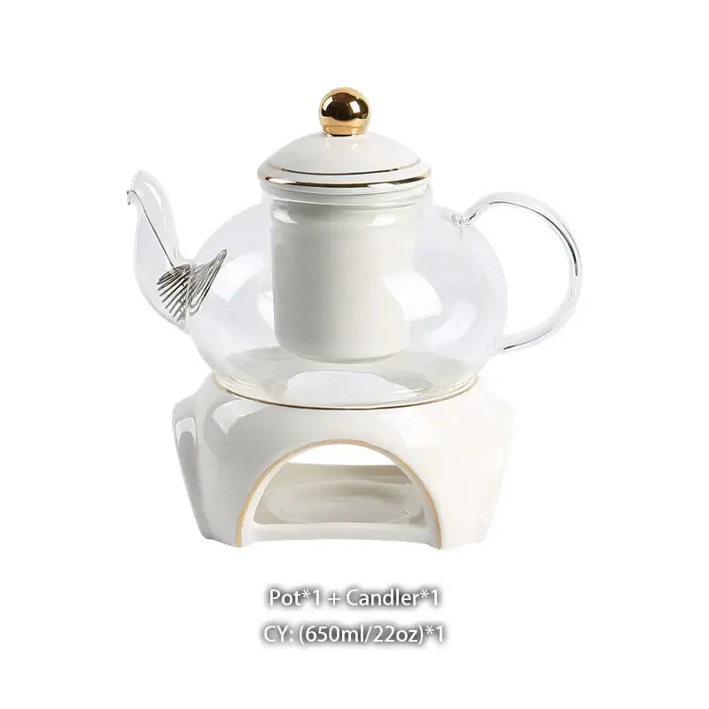 Elegant gold & white ceramic tea set with glass teapot kitchen warmer