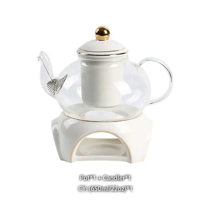 Elegant gold & white ceramic tea set with glass teapot kitchen warmer