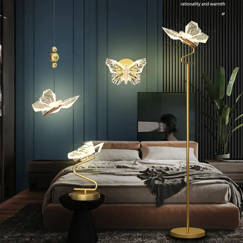 Elegant golden butterfly chandelier floor lamp bedroom