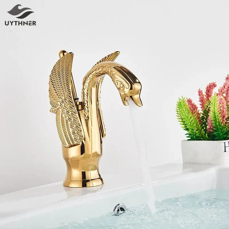 Elegant golden swan faucet bathroom hot and cold mixer tap