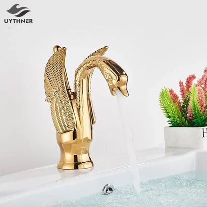 Elegant golden swan faucet bathroom hot and cold mixer tap