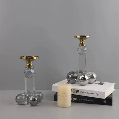 Elegant gray and gold clear crystal geometric candle holder dining room