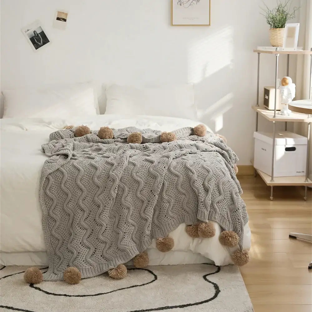 Elegant gray chenille throw blanket light gray & beige bedroom decor