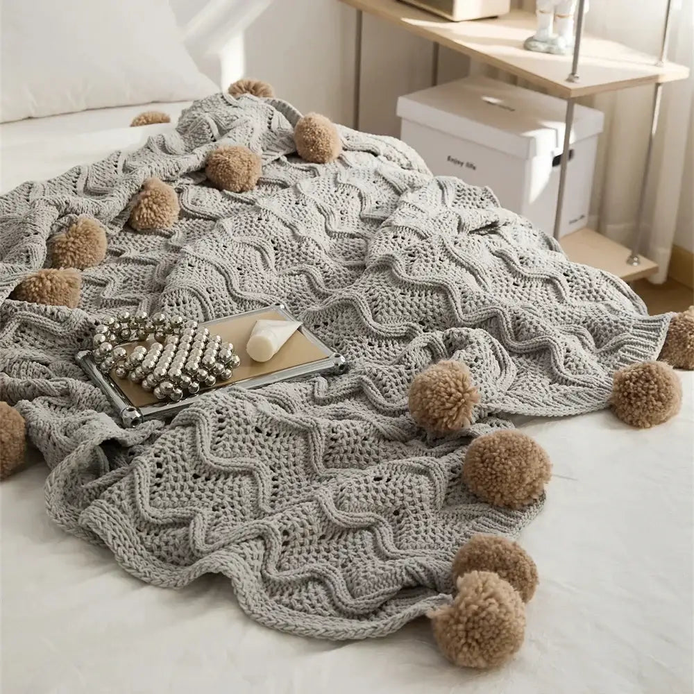 Elegant gray chenille throw blanket light gray & beige bedroom decor