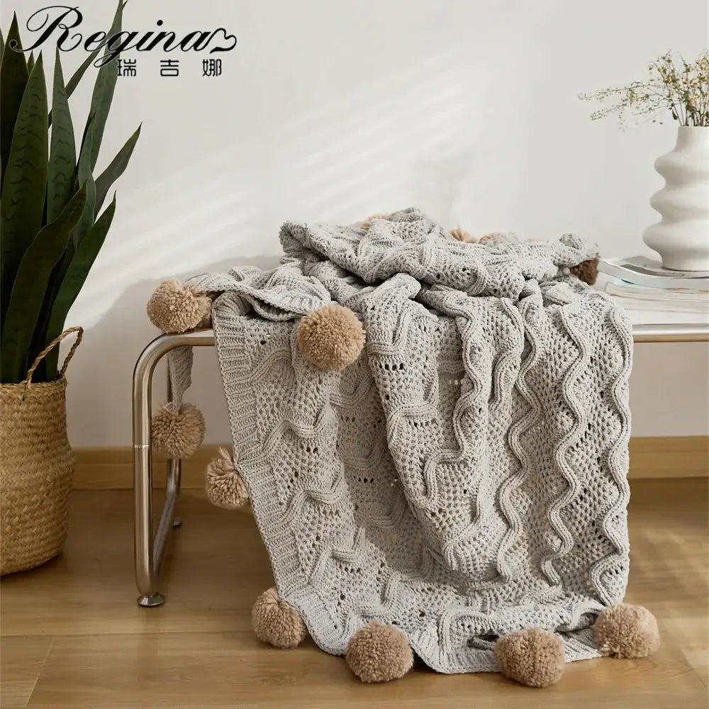 Elegant gray chenille throw blanket light gray & beige bedroom decor