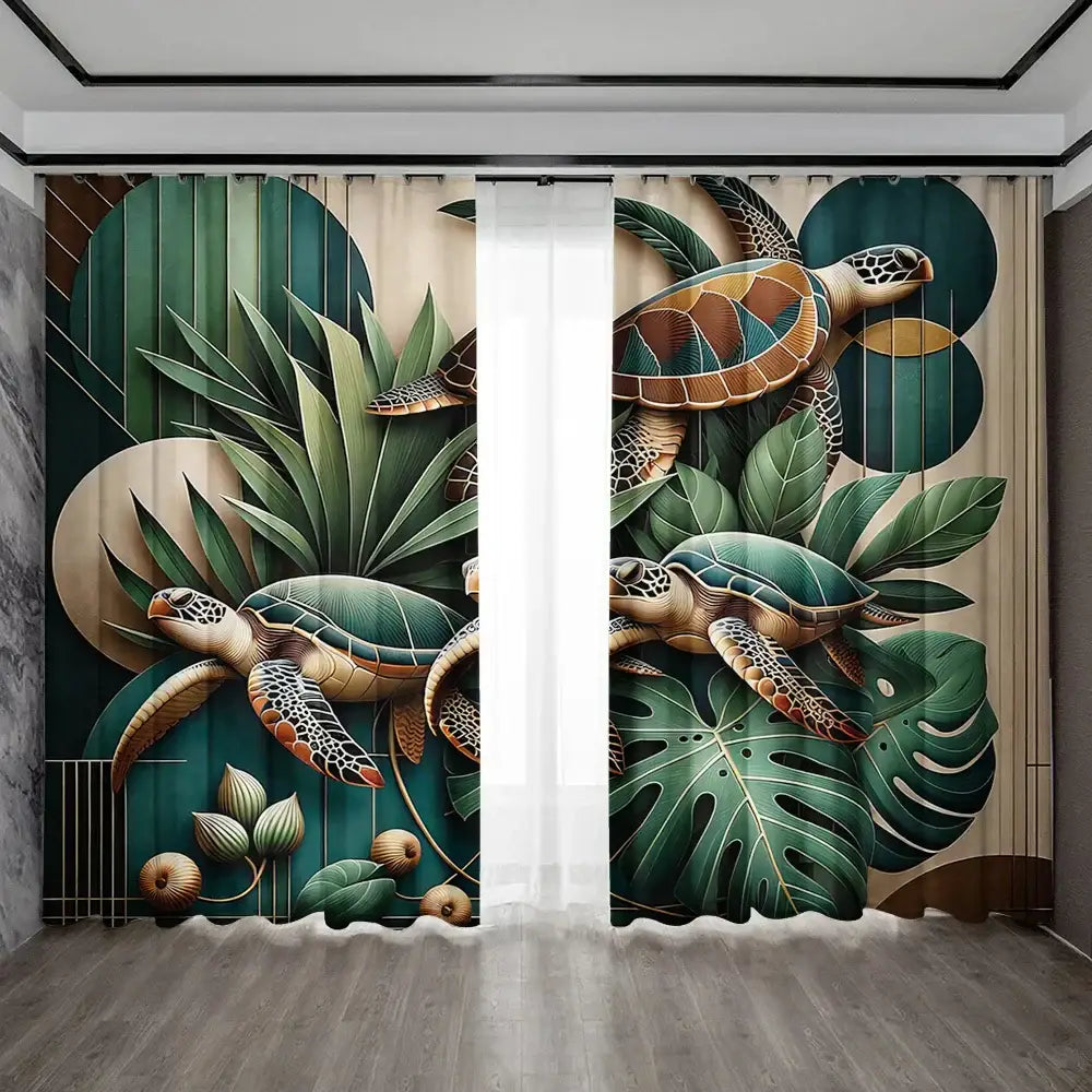 Elegant green and gold turtle leaf curtains – living room decor