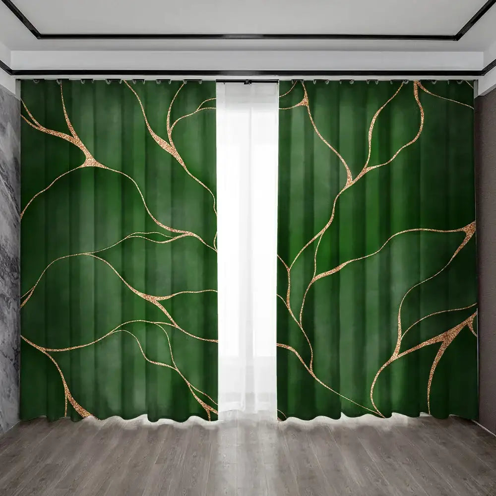 Elegant green and gold turtle leaf curtains – living room decor