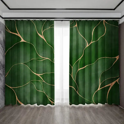 Elegant green and gold turtle leaf curtains – living room decor