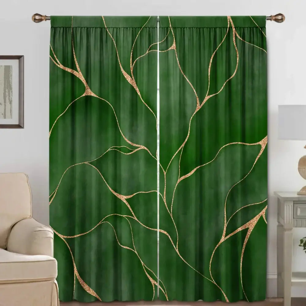 Elegant green and gold turtle leaf curtains – living room decor