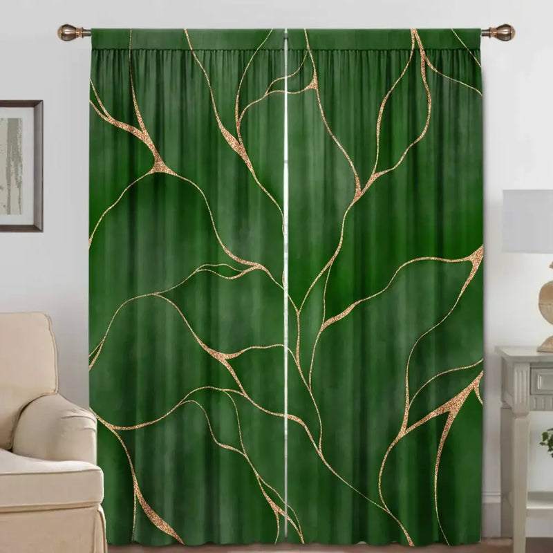 Elegant green and gold turtle leaf curtains – living room decor