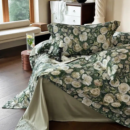 Elegant green & white rose 1000tc egyptian cotton bedding set bedroom