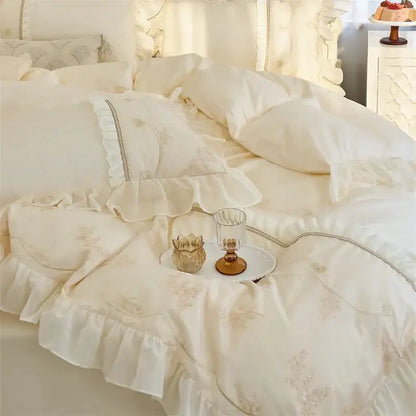 Elegant heart cream satin bedding set bedroom floral lace embroidery