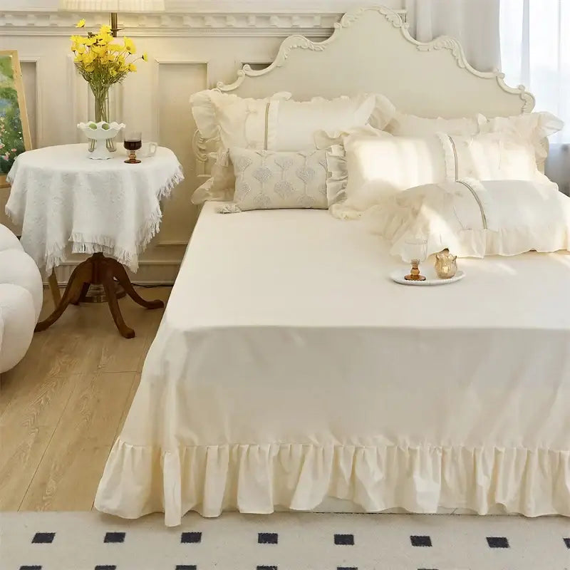 Elegant heart cream satin bedding set bedroom floral lace embroidery