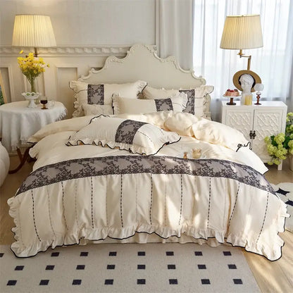 Elegant heart cream satin bedding set bedroom floral lace embroidery