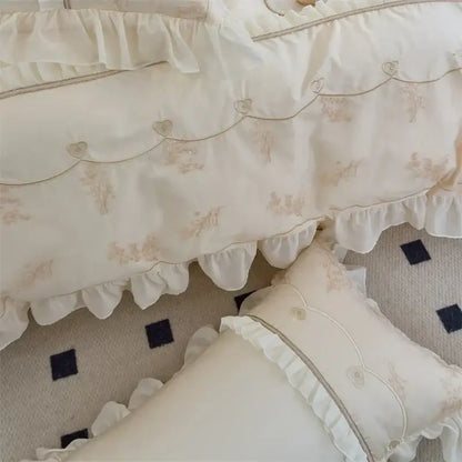 Elegant heart cream satin bedding set bedroom floral lace embroidery