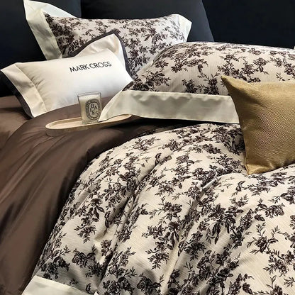Elegant ivory & dark brown floral egyptian cotton bedding sets bedroom