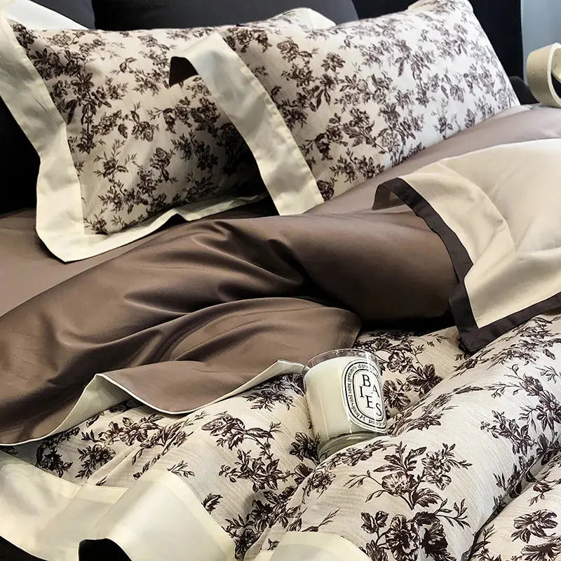 Elegant ivory & dark brown floral egyptian cotton bedding sets bedroom